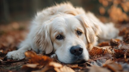 TITTLE: Golden retriever dog lying on autumn foliage. Adorable pet portrait for animal lover or fall season concept. Canine friend.