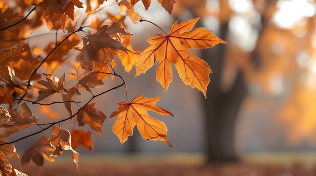 Close up of autumn leaves hanging on tree branch in sunlight