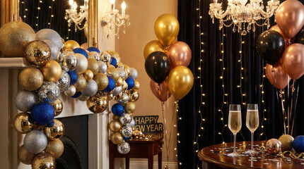 Festive New Year's Eve celebration decorations with champagne balloons and sparkling ornaments over a fireplace mantle