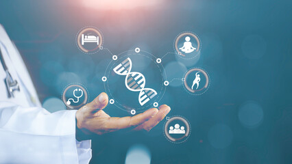 Longevity Concept with Hand Touching Digital Health Icons, Wellness, Medical Care, DNA, and Healthy Aging Technology,