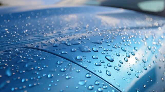 Water drop on car hood. Hydrophobic effect on car paint for auto detailing or car wash concept. Rain protection on automotive surface.