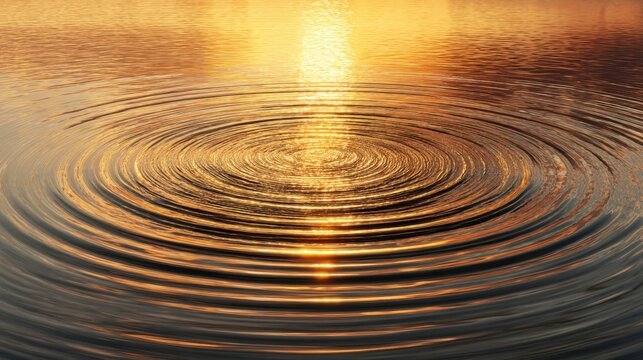 Circular ripples in golden water surface with sun reflection. Abstract pattern for nature background, peaceful zen concept, or summer advertising.