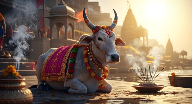 Sacred decorated cow at riverside temple during sunrise in India