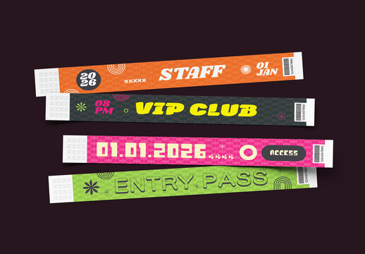 Set of Event Wristband Entry Passes for Music Festival or Club