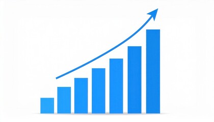 A blue bar graph illustrating growth trends with an upward arrow, symbolizing progress and success in a business context.