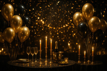 Gold and black balloons lit candles and wine glasses set a festive anniversary or New Year celebration table