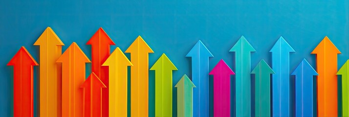 Colorful upward pointing arrows against a light blue background
