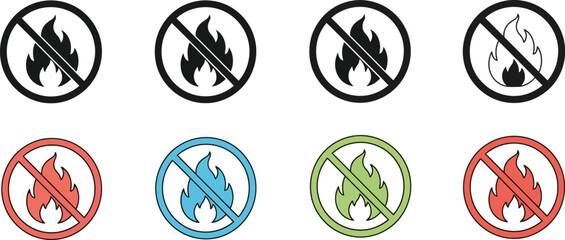 Collection of no fire icons displayed in various colors and styles