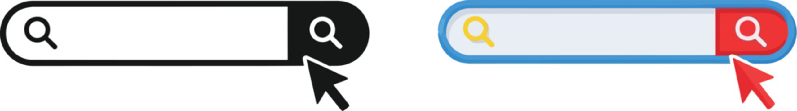 Search bar icons in black and blue with a pointing cursor illustration