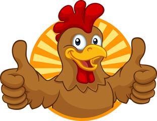 A chicken cartoon rooster cockerel character mascot giving a thumbs up.