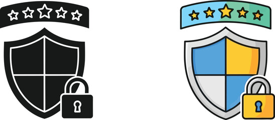 Shield icons with star ratings and padlock symbols in black and color