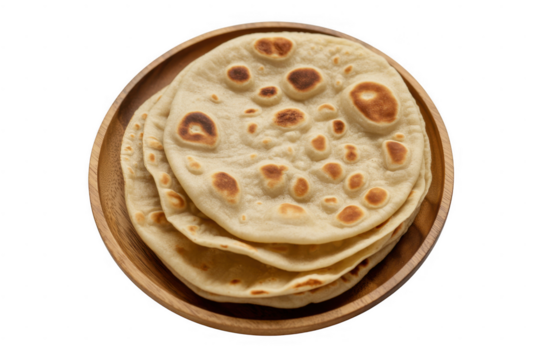 Stack of flatbreads in wooden bowl isolated on a transparent background