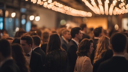 Blurred crowd of people gathered indoors under warm string lights at an event