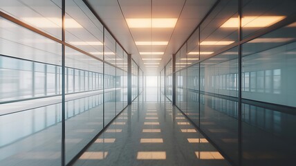 Modern illuminated office hallway with reflective floor and glass walls leading to light