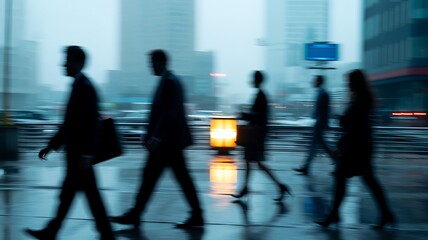 business people walking in a blurred city street at dusk