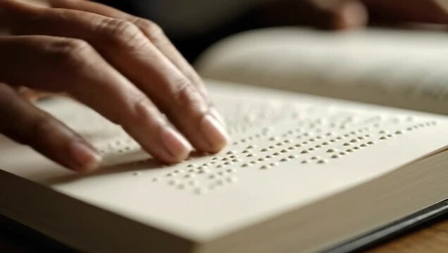 Closeup of Hands Reading Braille Book for Visually Impaired Education or Awareness
