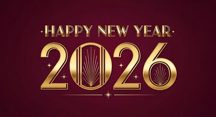 Elegant happy new year 2026 greeting banner with golden art deco typography, festive ornaments, and luxurious design elements.