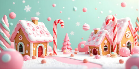Pastel Gingerbread Village — 3D Candyland Christmas Illustration with Pink Icing & Candy Canes