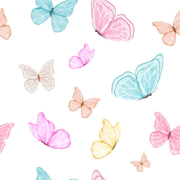 Papel borboletas coloridas em aquarela. PNG sem fundo. Borboletas nas cores rosa, amarelo, laranja, verde &aacute;gua, marrom