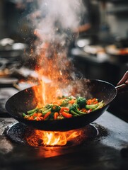 Stir-fry Vegetables Ignite in a Blazing Wok. Fresh ingredients tossed over high flame.