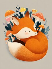 Sleeping fox curled in a ball surrounded by mushrooms and foliage, eyes closed, peaceful rest.