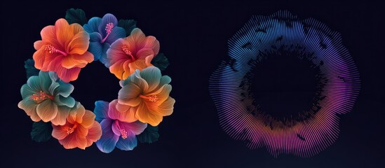Vibrant floral wreath on dark background with abstract frame