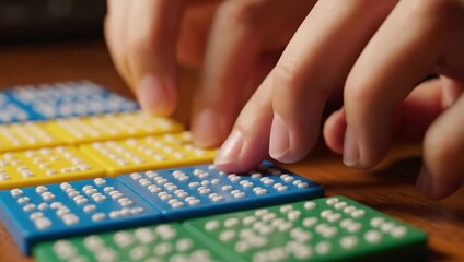 Close up of hands reading colorful Braille alphabet tiles by touch