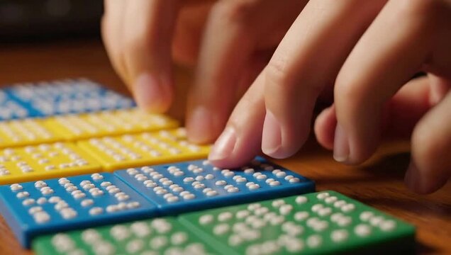 Close up of hands reading colorful Braille alphabet tiles by touch