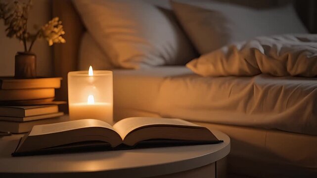 A seamless cinemagraph loop of an open book and a burning candle on a bedside table. This cozy, warm, and peaceful scene is perfect for reading or relaxation.