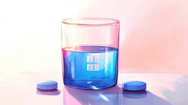 Clear glass filled with vibrant blue liquid stands on a reflective surface with two blue tablets nearby