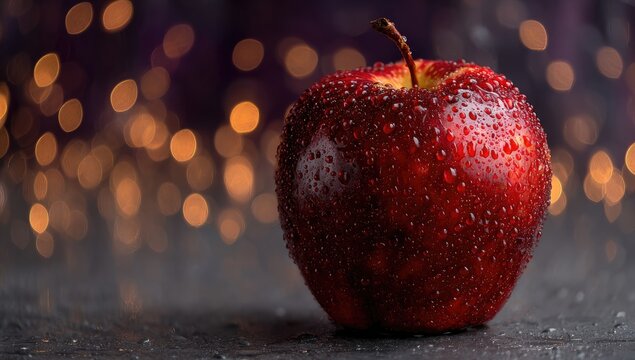 Close-up of a wet red apple on dark surface with bokeh
