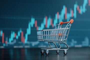 Shopping cart in front of financial data