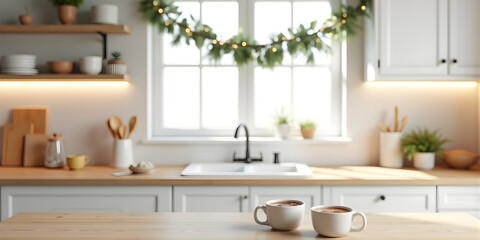 Fototapeta premium Cozy Holiday Kitchen Interior — Two Hot Coffee Mugs on Wooden Counter with Christmas Garland Lights