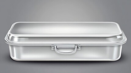 A closed silver metallic container with a hinged lid and a central handle against a neutral gray background