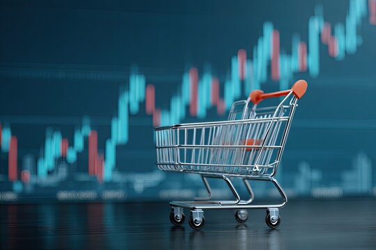 Shopping cart in front of financial data