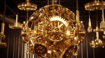 A complex spherical arrangement of polished brass cogs and levers forms an intricate mechanical device with many interlocking parts