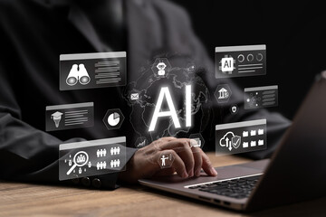 AI Knowledge Technology and Business Development Concept, Businessman Using AI to Manage Organizational Systems, Enhance Efficiency, Human Resources, Strengthen Security, Finance, Strategic Planning
