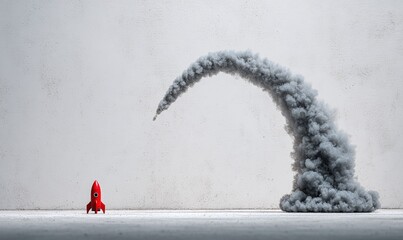 Tiny red rocket launches, grey smoke billows