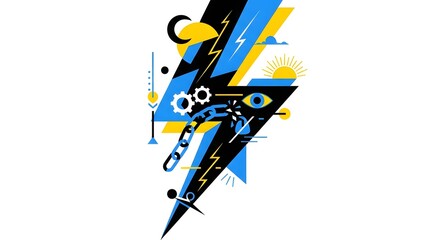 Abstract Lightning Bolt with Gears and Eye Symbol.