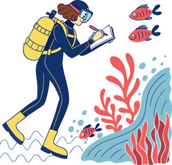 A cartoon illustration depicts a scuba diver, appearing to be female, of indeterminate ethnicity and age, in a vibrant underwater scene. The diver is dressed in a dark blue scuba suit with a yellow ox