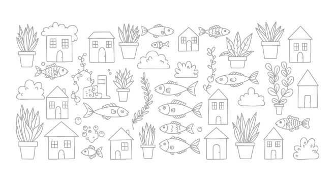 Monochrome dreamscape featuring line art houses, fish, plants, and cloud icons conveying