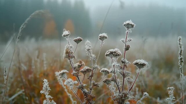 A seamless cinemagraph loop of frost-covered wild grass in a winter field. This cold, serene, and natural macro shot symbolizes the beauty of winter.
