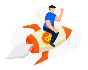 Illustration of skyrocketing cryptocurrency investment profits. Modern financial growth strategies. Bitcoin vector, with flat design style.