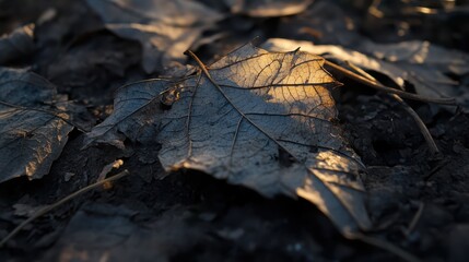 A close up of dry brittle leaves in the warm sunlight of autumn covering the ground