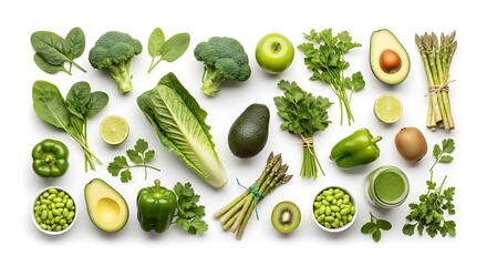 Assortment of fresh green vegetables and fruits arranged on a white background healthy food