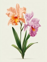 Obraz premium A beautifully illustrated arrangement of peach and lavender orchids, perfect for floral design projects, botanical art prints, or greeting card designs, conveying elegance and natural beauty,