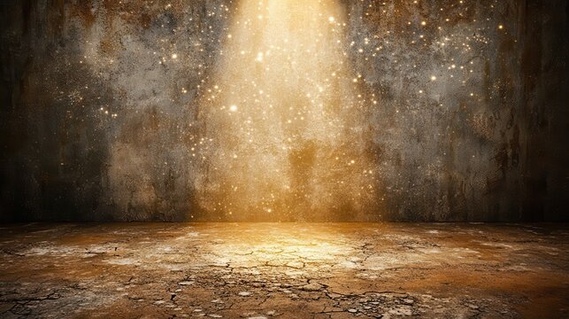 Dust particles sparkle and shimmer suspended in a dramatic golden beam of light illuminating a cracked textured wall and floor creating an ethereal atmosphere - Powered by Adobe