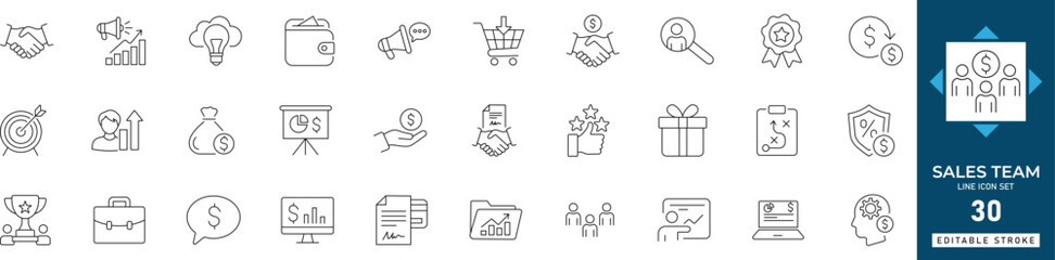 sales team icon set featuring teamwork, target, negotiation, customer, goal, relations, performance, analytics, and business growth visuals. editable stroke.