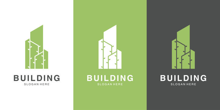 Eco building logo with modern green architecture