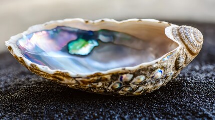 A smooth polished abalone shell with iridescent mother of pearl interior rests on a bed of fine black sand showcasing its natural beauty